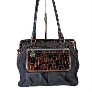 Brighton Vintage Nylon Croc Embossed Leather Trim Shoulder Bag Black Dark Brown